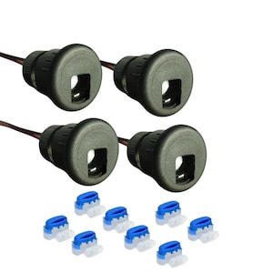 May include: Four black electrical outlet covers with wires attached and six blue wire connectors.