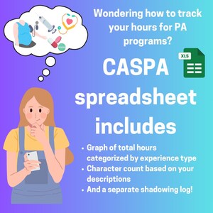 May include: A cartoon illustration of a person thinking about how to track their hours for a Physician Assistant (PA) program. The illustration includes a thought bubble with medical symbols and a spreadsheet with the text "CASPA spreadsheet includes" and a list of features: "Graph of total hours categorized by experience type", "Character count based on your descriptions", and "And a separate shadowing log!"