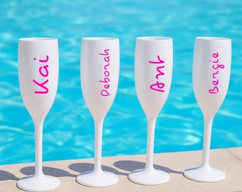 Personalized White Champagne Flutes Tropical Island Summer, Hot Pink Text, Custom Drinkware for Bachelorette, Personalized Island Decal