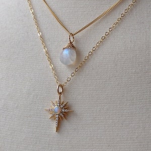 Rainbow Moonstone or Opal Star Necklace: 14K Gold Fill Chain