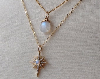 Rainbow Moonstone Necklace, Gold Opal Star Necklace, or Layered Necklace Set, Gold fill Moonstone Necklace, Starburst Necklace, Gift for her