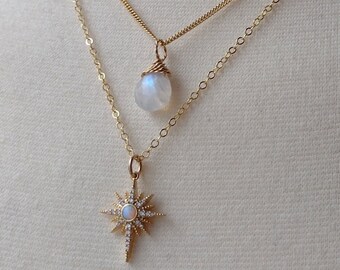 Rainbow Moonstone or Opal Star Necklace: 14K Gold Fill Chain