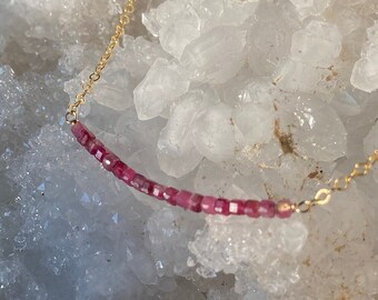 Pink Tourmaline Bar Necklace, Tourmaline Bar Necklace 14K, Gemstone Bar Necklace Gold, Faceted Bead Jewelry, October Birthstone Gift