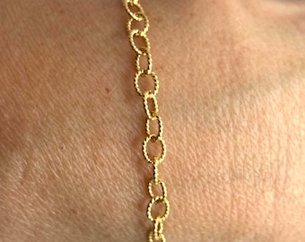 14K Gold Filled Charm Bracelet with Textured Oval Links, Adjustable Chain, Dainty Layering Jewelry