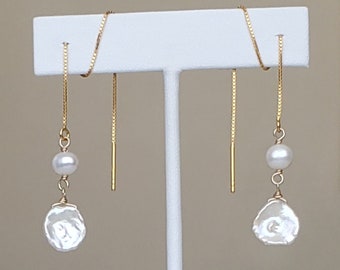 Gold Threader Earrings, Gold Chain Pearl Earrings, Keishi Pearl Drop Earrings, Pearl Earrings, Handmade Jewelry, Freshwater Pearl Earrings