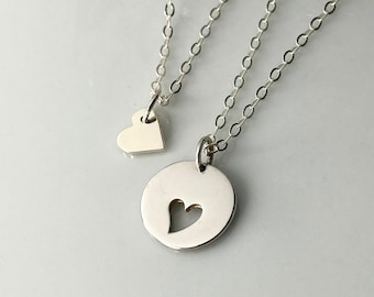 Mother Daughter Heart Necklace Set: Sterling Silver Mommy and Me Necklaces, Minimalist Jewelry