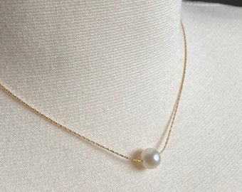 Floating Freshwater Pearl Necklace, Fine 14K Gold filled Chain, Gold Chain Necklace, Everyday Jewelry, Modern Bride, Bridal Gift for Her