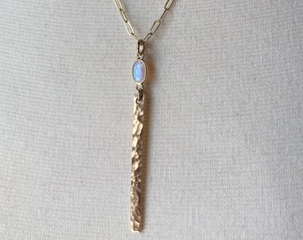 Eye of the Storm, Opal Eye and Golden Hammered Bar Necklace, 14K Gold fill Chain jewelry, layering chain, long gold chain, pendant necklace