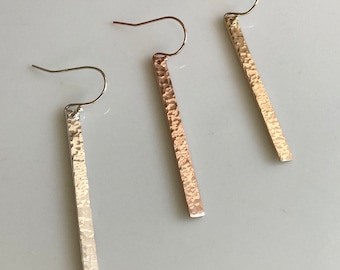 Hammered Gold Filled Skinny Bar Earrings, French Hook or Leverback Earwires Long Minimalist Everyday Earrings Handcrafted in USA Giftboxed