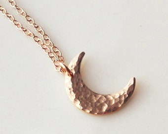 Crescent Moon Necklace, Gold or Rose Gold Necklace, Hammered Crescent, Modern Necklace, Layering Necklace, Bridesmaids, Mothers, Gift