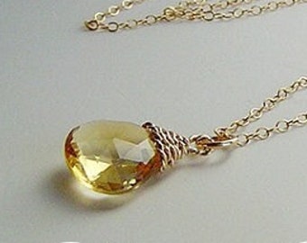 Citrine Crystal Necklace 14K Gold fill, Citrine Briolette Charm Necklace, November Birthstone Charm Necklace, Wealth Success Promotion Gift