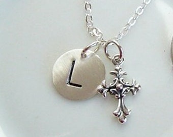 Baroque Cross Necklace, Personalized,  Initial Charm, Add a Birthstone, Communion, Confirmation, Easter, Bridesmaids, Gift