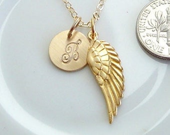 Personalized Angel Wing Necklace, 18K Gold on Sterling, Memorial Necklace, 14K Gold fill Chain, Angel in Heaven Jewelry, Mourning Gift, Loss