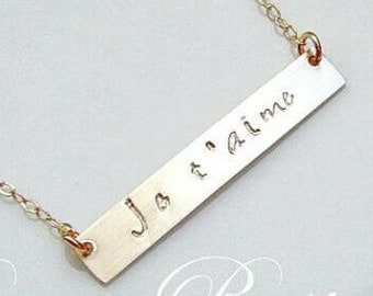 Gold Je t'aime Necklace, Gold Bar Necklace, 14K Gold fill Chain, 14K Rose Gold fill and Sterling Silver also, I love You, French, Paris Gift