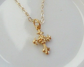 Cross Necklace, Gold Cross, Gold Chain Necklace, Baroque Cross, Tiny Cross, Dainty Necklace, 14K Gold fill chain, Communion, Confirmation