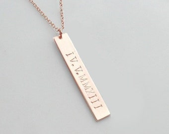 Bar Necklace, Roman Numeral Necklace, Rose Gold Bar Necklace, Vertical Name Necklace, Long Date Bar Necklace, Gold Bar Necklace