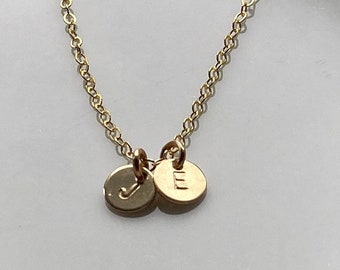 14K Gold Filled Tiny Initial Disc Necklace Hand Stamped Personalized Mini Monogram Jewelry