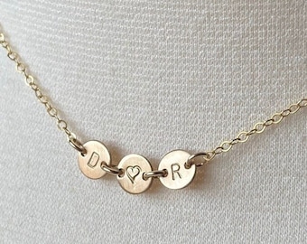 Tiny Initial Discs Necklace, Dainty Gold Disk Necklace, Up to 5 Letter Charms Necklace, 14K Gold fill or Silver Discs Necklace, Gift for Mom