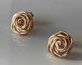 Handmade 14K Gold Fill Rose Stud Earrings: Floral Sterling Jewelry Gift June Birthmonth Flower