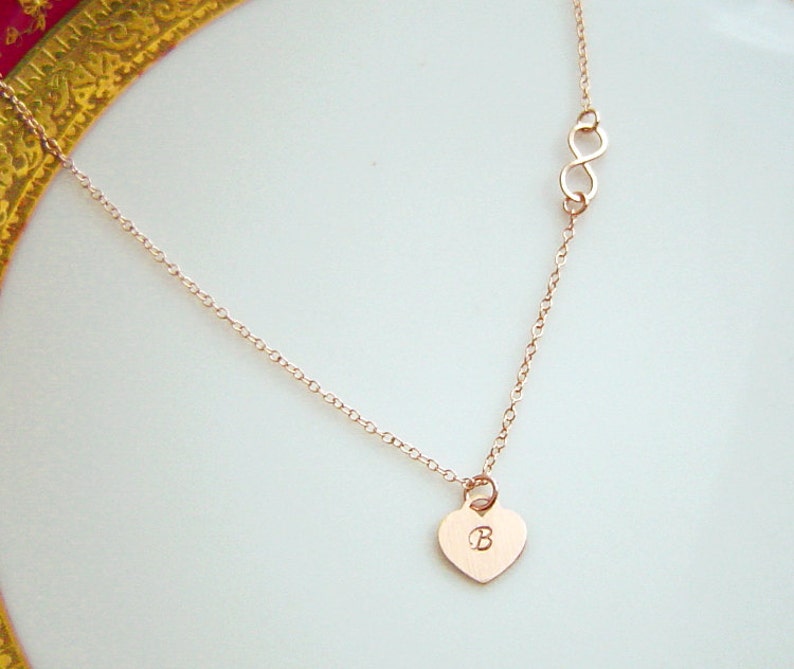 Infinity Necklace, Rose Gold Heart, Initial Heart Charm, Love Forever, Initial Necklace, Infinity Jewelry, Heart Necklace, Bridesmaid, Gift image 2