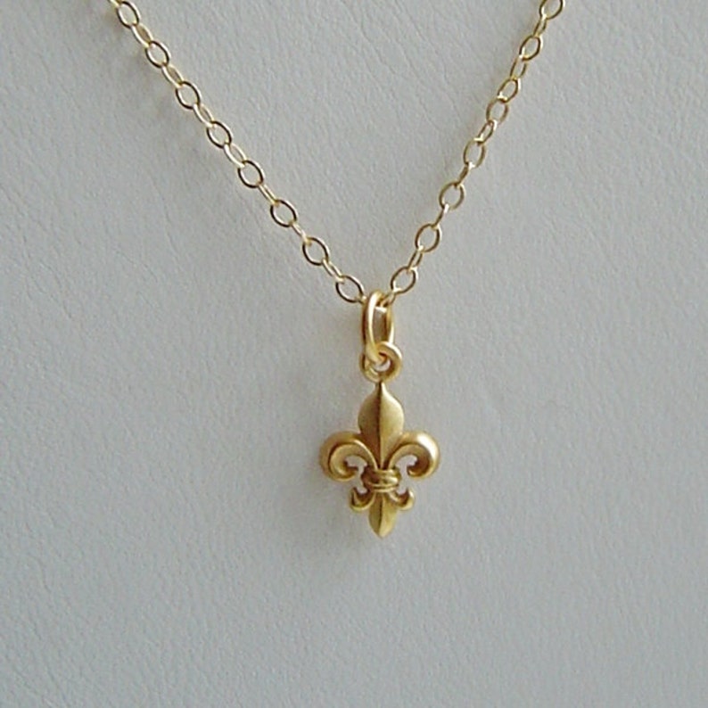 Tiny Fleur de lys Pendant in 24K Gold over Sterling on 14K Gold filled Chain Necklace, Custom lengths available.