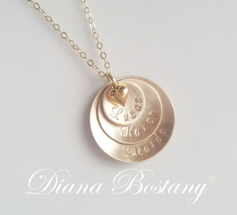 Gold Name Necklace, Mothers Necklace, 3 Discs with Puff Heart on 14K Gold fill Chain 18 to 24, Personalized Mom Jewelry Kids Name Charms image 5