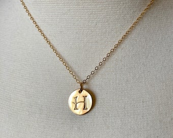 Gold fill Initial Disc Necklace: Hand Stamped Letter Personalized Pendant Charm Handmade in the USA Giftboxed