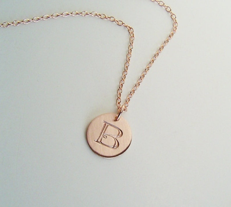 Initial Necklace, Rose Gold Disc, Rose Gold Chain, Pink Gold, Initial Charm, Hand stamped Modern Gift for Her, Choose length 15-24 image 2