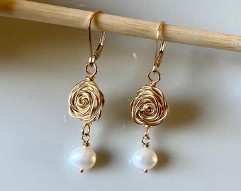 Gold Rose Drop Earrings, Rose Pearl Earrings, Flower Earrings, Floral Rose Earrings, Handmade Rose Gold Rose Earrings, June Birth Month Gift