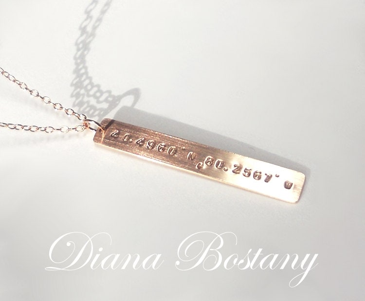 34 Discover Unique Map-Themed Jewelry for Your Next Adventure 24 14K Gold-Fill GPS Coordinates Bar Necklace, Yellow or Rose Gold,…