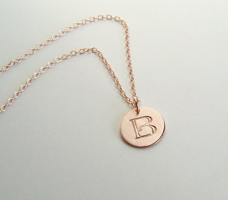 Initial Necklace, Rose Gold Disc, Rose Gold Chain, Pink Gold, Initial Charm, Hand stamped Modern Gift for Her, Choose length 15-24 image 1