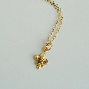 Tiny Fleur de lys Pendant in 24K Gold over Sterling on 14K Gold filled Chain Necklace, Custom lengths available.
