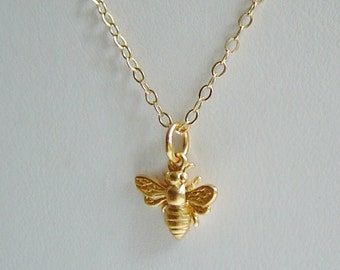 Tiny Gold Bee Necklace, Honey Bee, Bumble Bee on 14k Gold Filled Chain, Bee Jewelry, Mothers, Gift