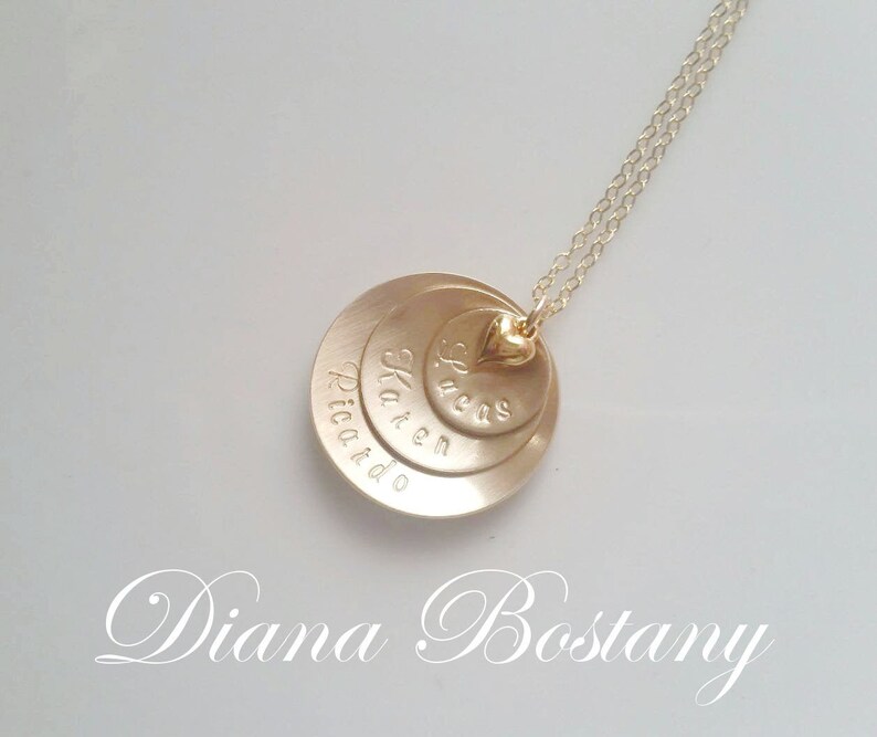 Gold Name Necklace, Mothers Necklace, 3 Discs with Puff Heart on 14K Gold fill Chain 18 to 24, Personalized Mom Jewelry Kids Name Charms image 2