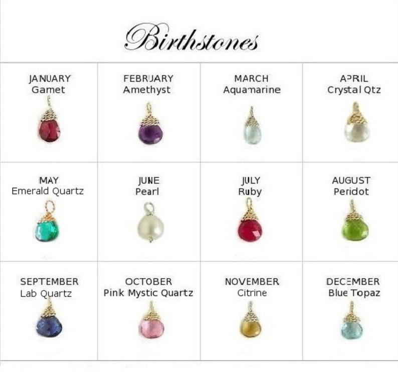 Birthstone chart showing hand wrapped gemstone briolettes for each month that for an extra charge can be added to a necklace or bracelet purchase from the queeniejewels of etsy shop