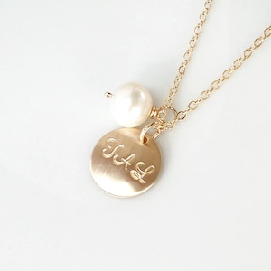 14K Gold Monogram Pearl Necklace, Pearl Jewelry, Monogram Disc, Personalized Necklace, Silver Initial Necklace, Gift for Her, Pearl Necklace