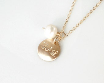 14K Gold Monogram Pearl Necklace, Pearl Jewelry, Monogram Disc, Personalized Necklace, Silver Initial Necklace, Gift for Her, Pearl Necklace