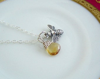 Bee Necklace, Tiny Honey Bee, Citrine Briolette Necklace, Sterling Silver Necklace, Bee Jewelry, Birthstone Necklace, November Gift