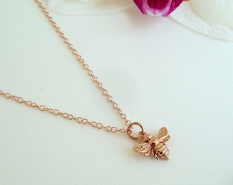 Tiny Rose Gold Bee Necklace, Honey Bee, Bumble Bee on 14k Rose Gold Filled Chain, Bee Jewelry, Mothers, Gift