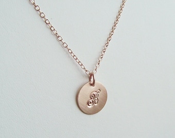 Rose Gold Initial Necklace, Initial Disc Necklace, 1/2 " Charm, Monogram  Necklace, Personalized Necklace, Hand Stamped, Bridesmaid