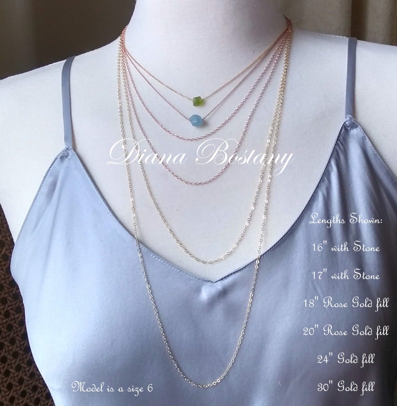 May include: A model wears a variety of gold and rose gold chain necklaces with different lengths, including 16 inches, 17 inches, 18 inches, 20 inches, 24 inches, and 30 inches. The model is wearing a light blue tank top. The text "Diana Bostany" is visible in the image. The text "Model is a size 6" is visible in the image. The text "Lengths Shown:" is visible in the image. The text "16" with Stone" is visible in the image. The text "17" with Stone" is visible in the image. The text "18" Rose Gold fill" is visible in the image. The text "20" Rose Gold fill" is visible in the image. The text "24" Gold fill" is visible in the image. The text "30" Gold fill" is visible in the image.