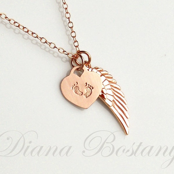 Rose Gold Memorial Necklace, Tiny feet Necklace, Angel Wing Charm, Child loss jewelry, Keepsake Jewelry, Mothers, Gift for Mom, Newborn Loss