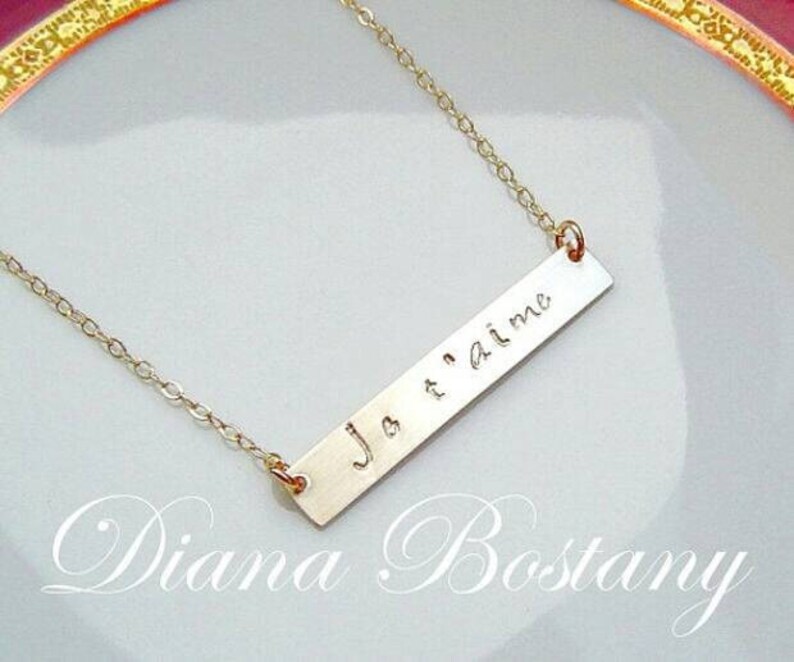 Gold Je t'aime Necklace, Gold Bar Necklace, 14K Gold fill Chain, 14K Rose Gold fill and Sterling Silver also, I love You, French, Paris Gift image 1