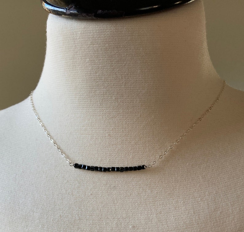 Black Spinel Bar Necklace, Protection Beaded Necklace, Sterling Silver or Gold filled Chain, Faceted bead necklace