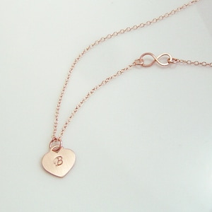 Infinity Necklace, Rose Gold Heart, Initial Heart Charm, Love Forever, Initial Necklace, Infinity Jewelry, Heart Necklace, Bridesmaid, Gift image 1