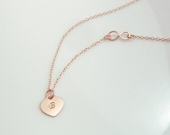 Infinity Necklace,  Rose Gold Heart, Initial Heart Charm, Love Forever, Initial Necklace, Infinity Jewelry, Heart Necklace, Bridesmaid, Gift