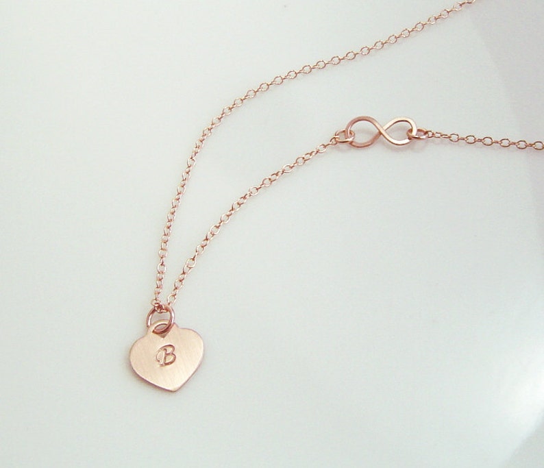 Infinity Necklace, Rose Gold Heart, Initial Heart Charm, Love Forever, Initial Necklace, Infinity Jewelry, Heart Necklace, Bridesmaid, Gift image 1