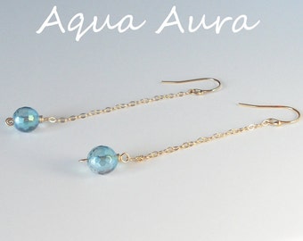 Earrings, Healing Jewelry, Aqua Aura Quartz, Gold Drop Earrings, Chain Drop Earrings, Sterling, Rose Gold, Modern, Simple, Healing Gift