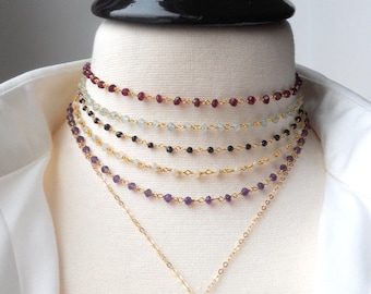 Gemstone Bead Chain Choker or Bracelet, Dainty Choker Necklace, Gemstone Choker, Rosary Chain, Adjustable Choker, Amethyst,  Garnet Gift