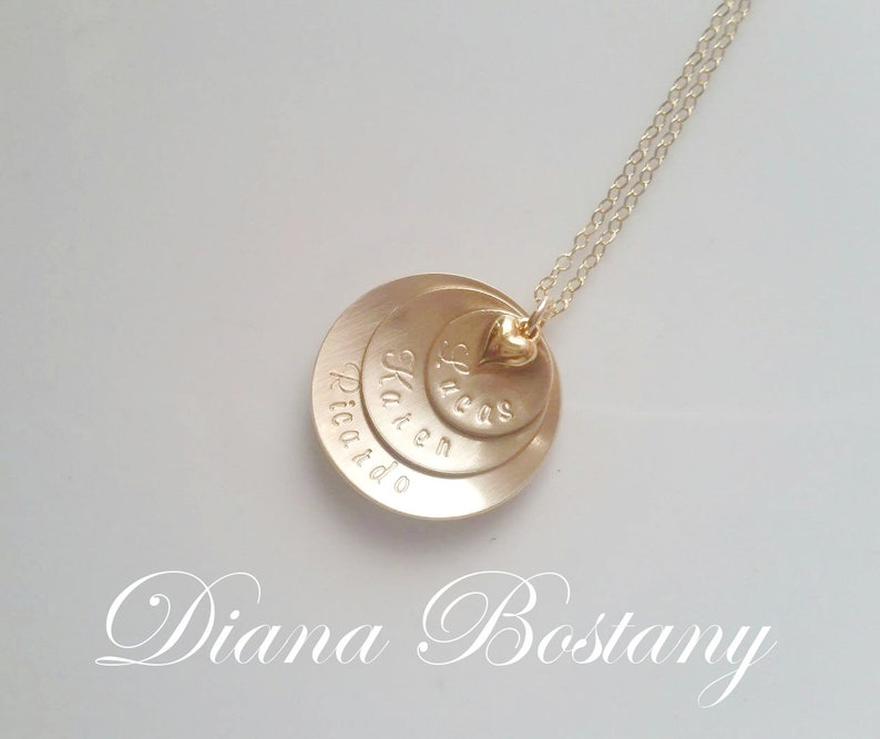 Gold Name Necklace, Mothers Necklace, 3 Discs with Puff Heart on 14K Gold fill Chain 18 to 24, Personalized Mom Jewelry Kids Name Charms image 8